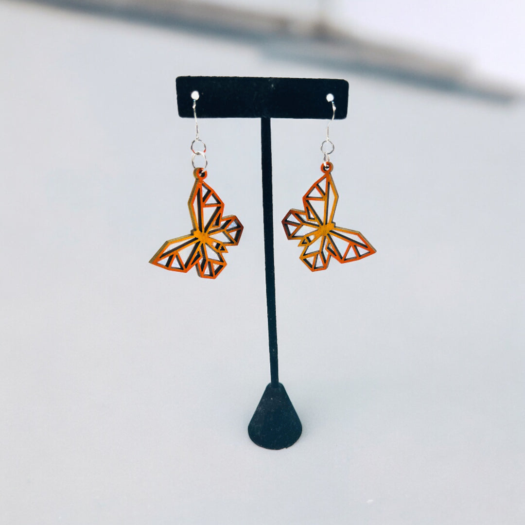 Earrings Wood Butterfly Light Golden Yellow and Bright Orange Dangle Drop Ear Hook