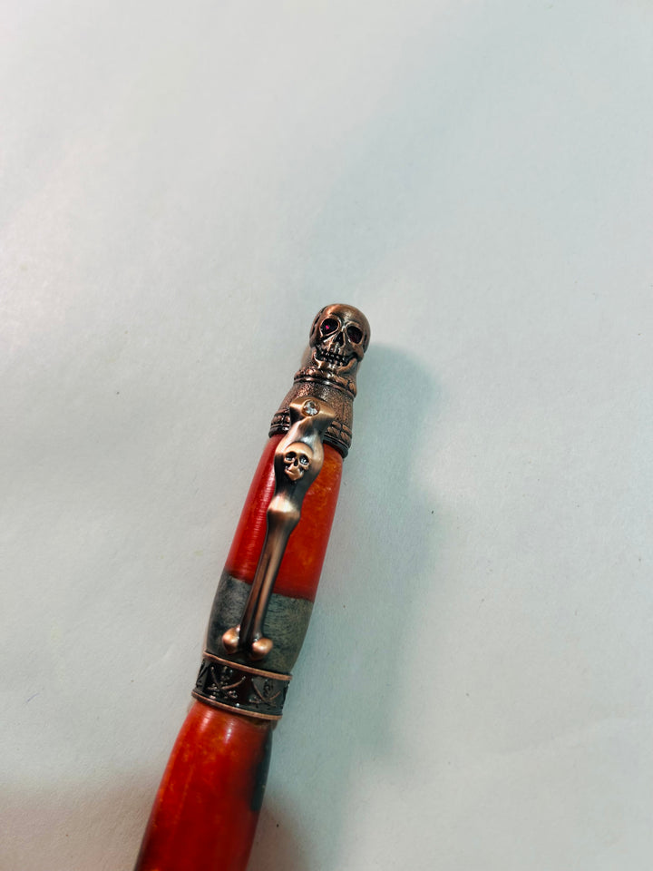 Pen Skull and Bones Fire Orange Acrylic with Ebony Wood Rollerball with Antique Rose Gold Hardware