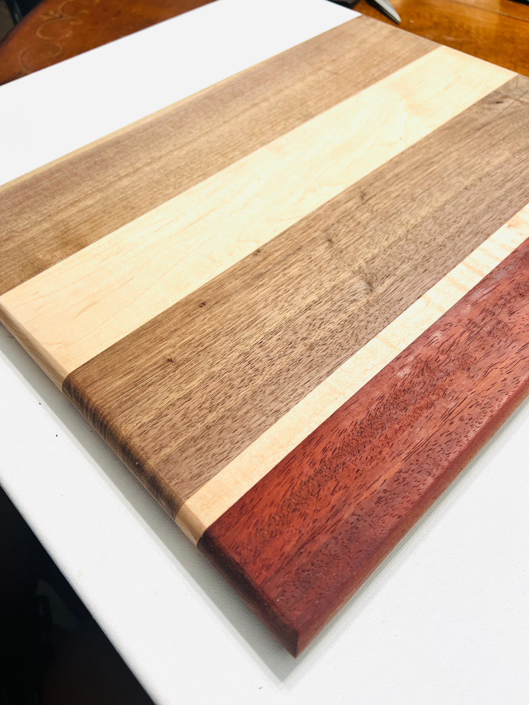 Beautiful Face Grain Walnut, Maple and Padauk Cutting Board