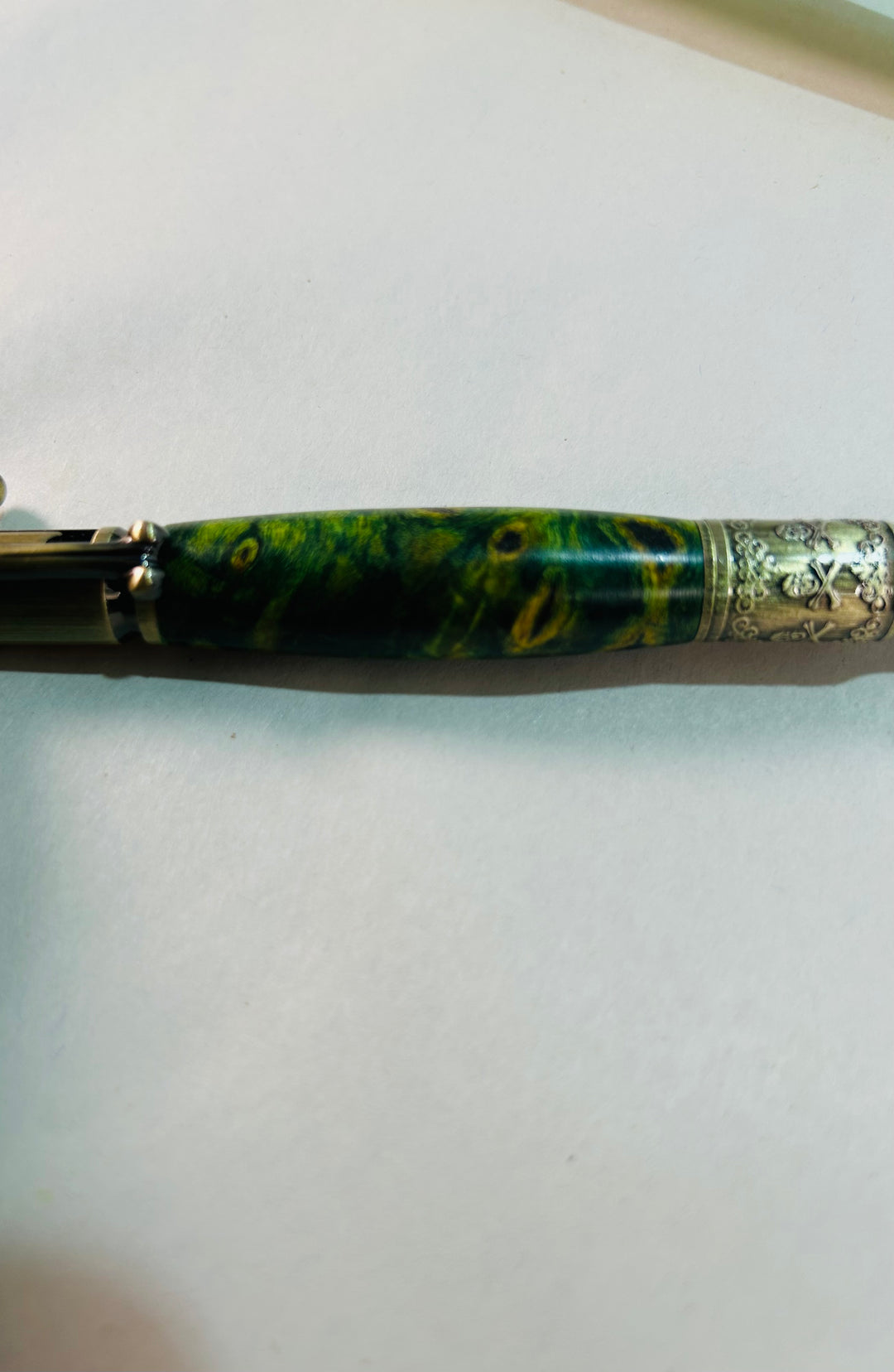 Pen Skull and Bones Peacock Green with Yellow Stain Wood Rollerball with Antique Gold Hardware