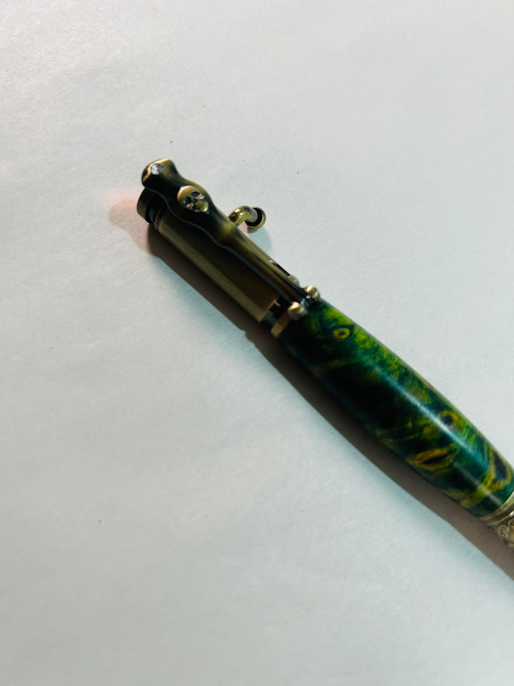 Pen Skull and Bones Peacock Green with Yellow Stain Wood Rollerball with Antique Gold Hardware