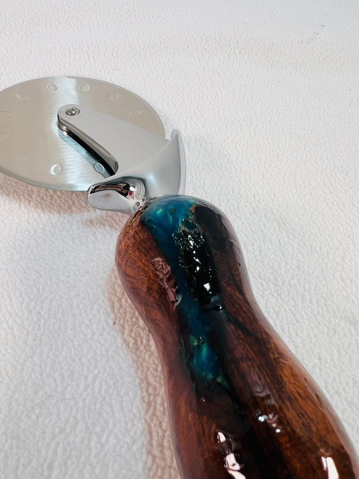 Pizza Cutter Turquoise Resin Acrylic with Mesquite Burl Handle with Stainless Steel Rotary Blade