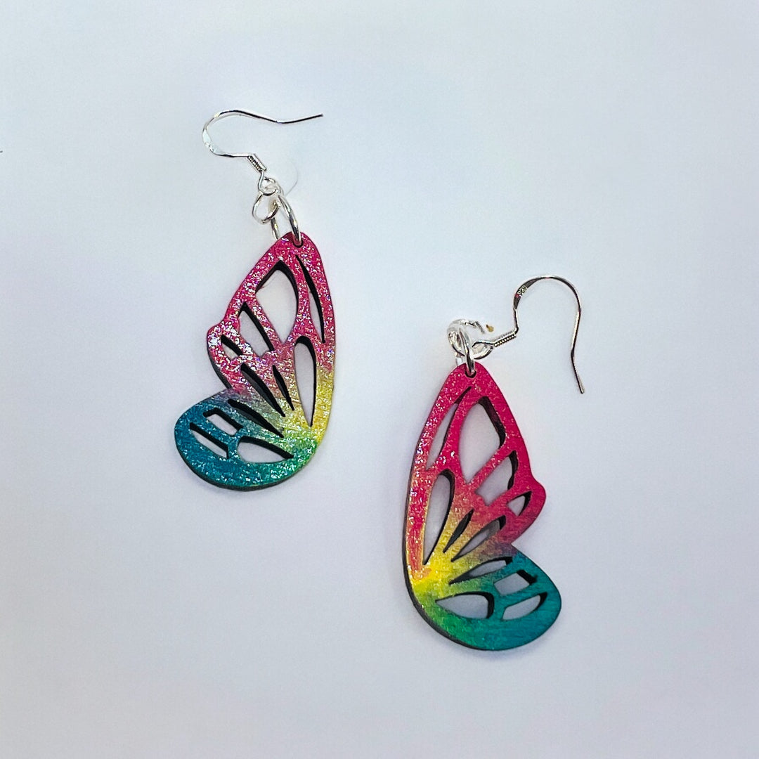 Earrings Wood Butterfly Wings Light Pink, Blue, and Yellow Dangle Drop Ear Hook