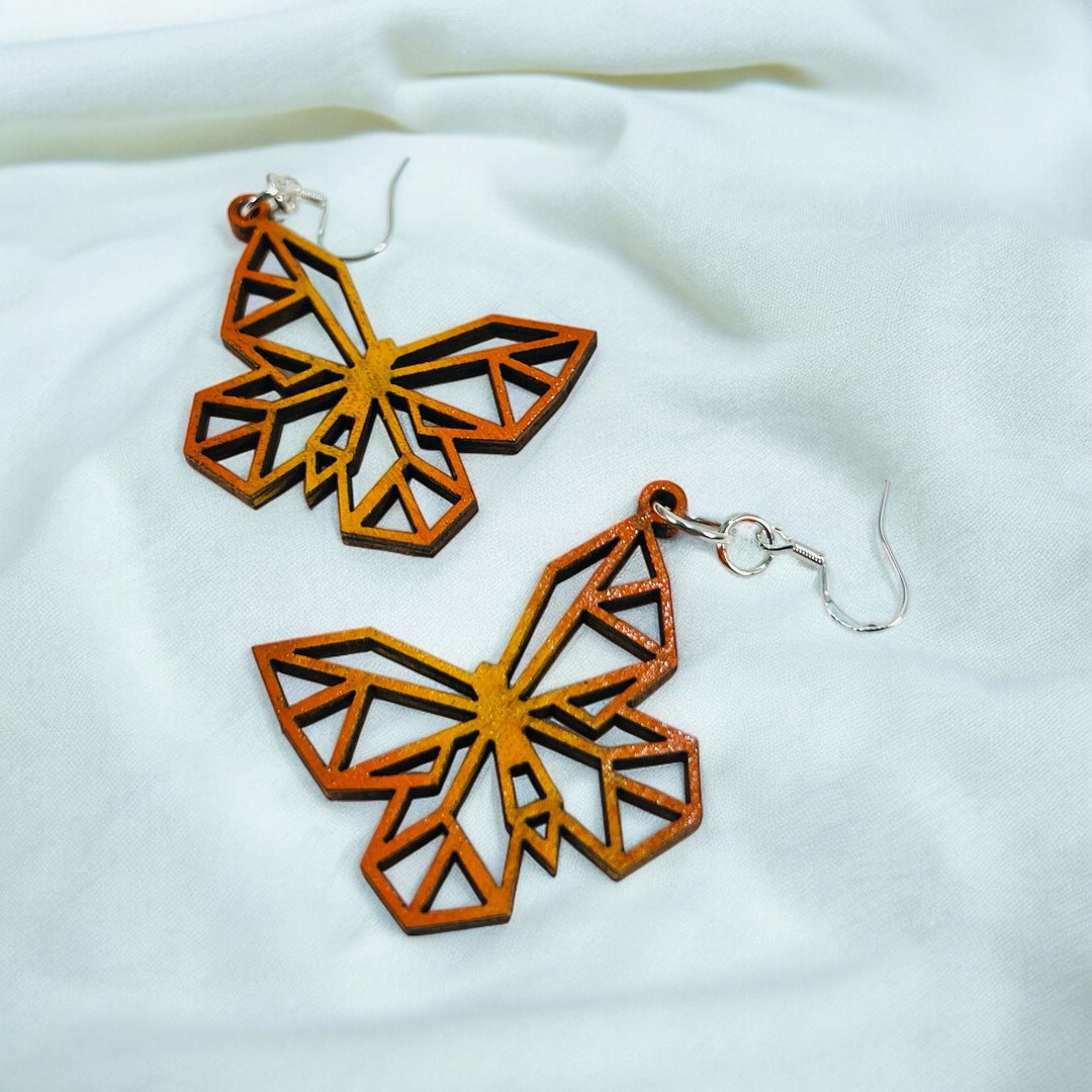 Earrings Wood Butterfly Light Golden Yellow and Bright Orange Dangle Drop Ear Hook