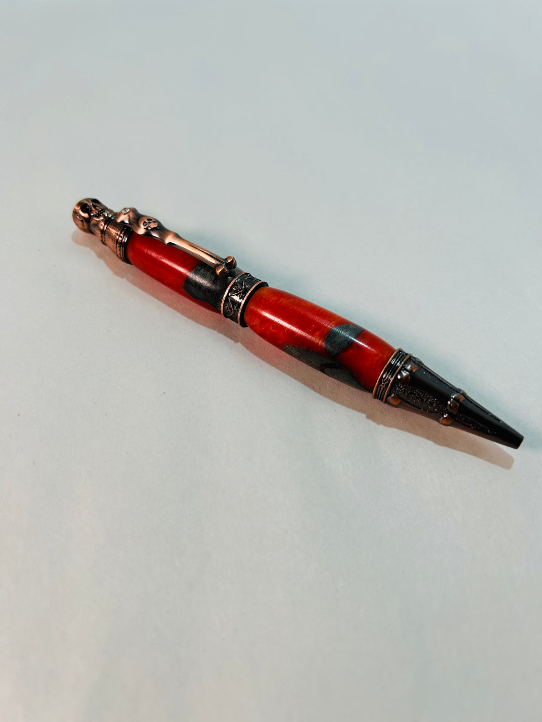 Pen Skull and Bones Fire Orange Acrylic with Ebony Wood Rollerball with Antique Rose Gold Hardware