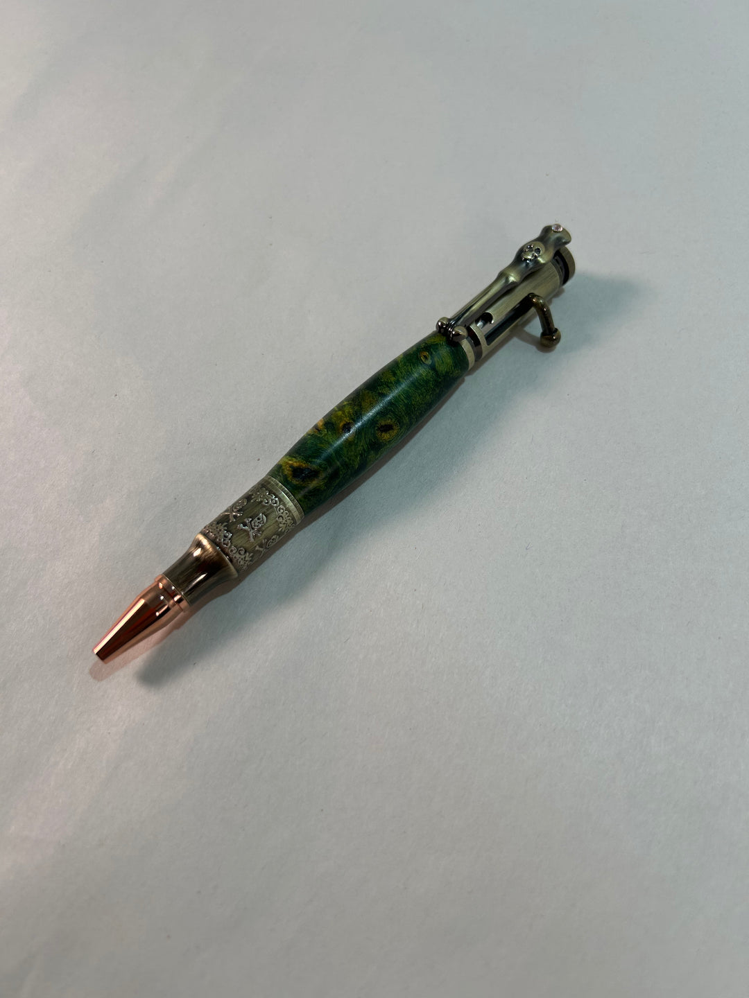 Pen Skull and Bones Peacock Green with Yellow Stain Wood Rollerball with Antique Gold Hardware